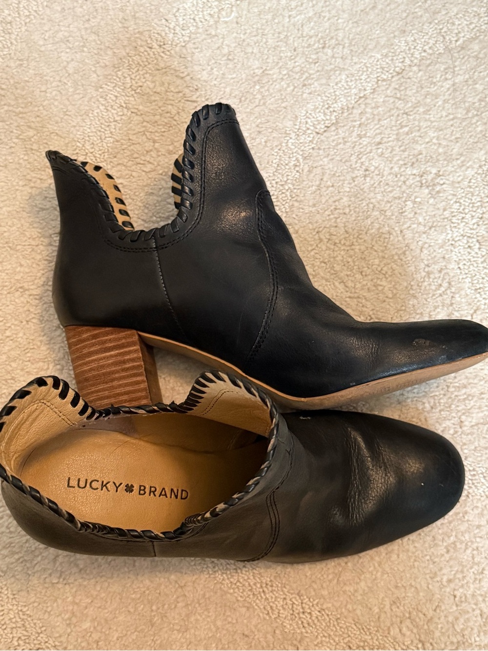 Lucky Brand Black Leather Whipstitch Ankle Booties with Stacked Wood Heel